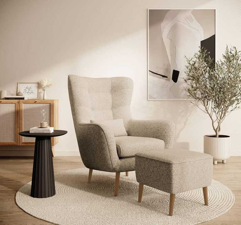 Fauteuil met hocker Verdiro bouclé