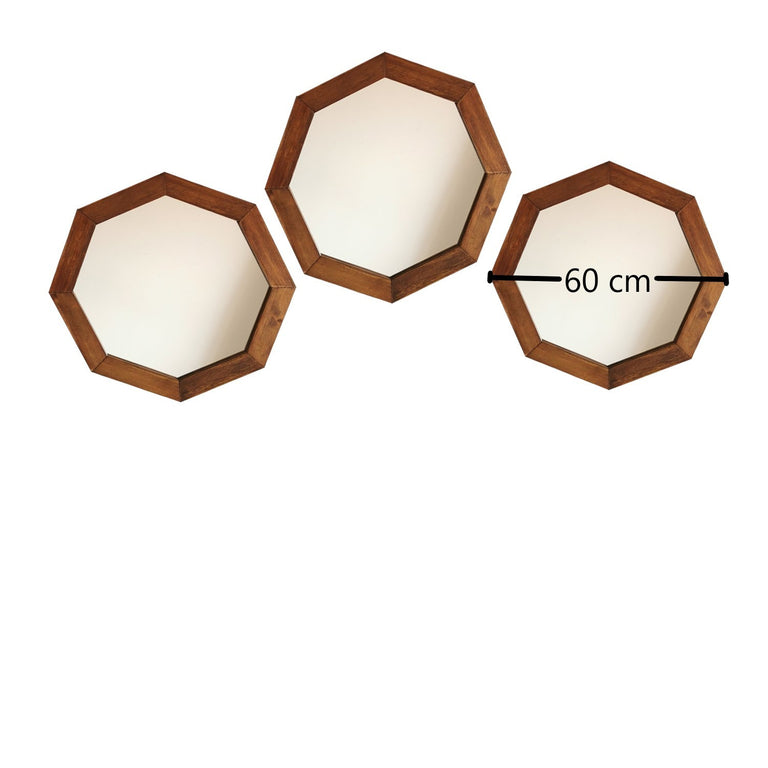 Set van 3 wandspiegels Hexa dennenhout