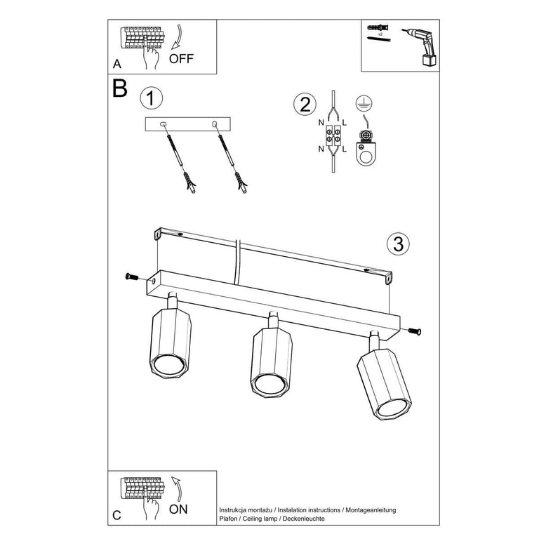 3-lichts plafondlamp Zeke