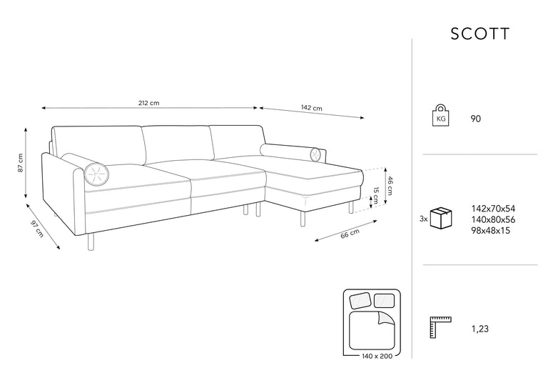 3.5-zits hoekslaapbank Scott velvet rechts met opbergruimte