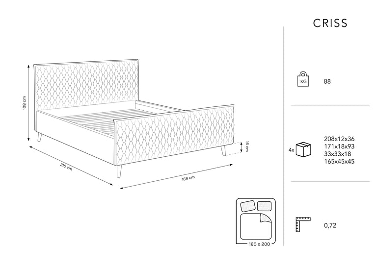 Bedframe met hoofdbord Criss velvet 160 x 200 cm