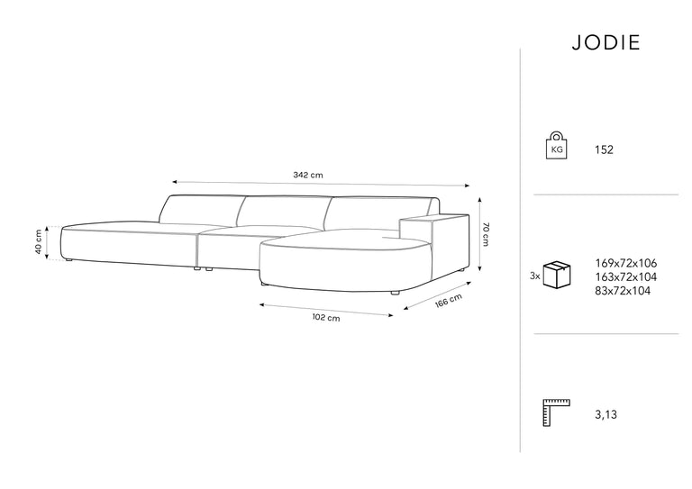 5-zits hoekbank Jodie velvet Chaise Longue rechts